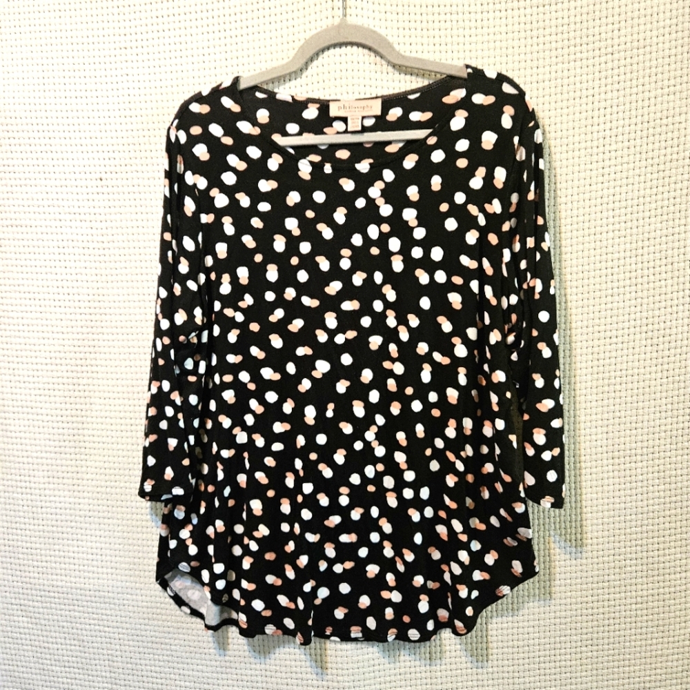 Philosophy Sz 1x, Black, White, Pink Graphic 3/4 Sleeve Gauzy Blouse